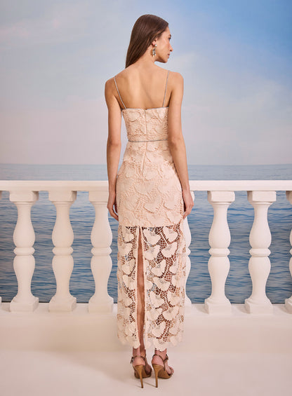 Vestido Rosa em Renda Detalhe Prata Skazi