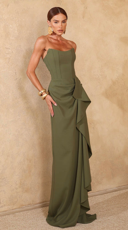 Vestido Preto ou Verde Longo Corset Babado Amicci