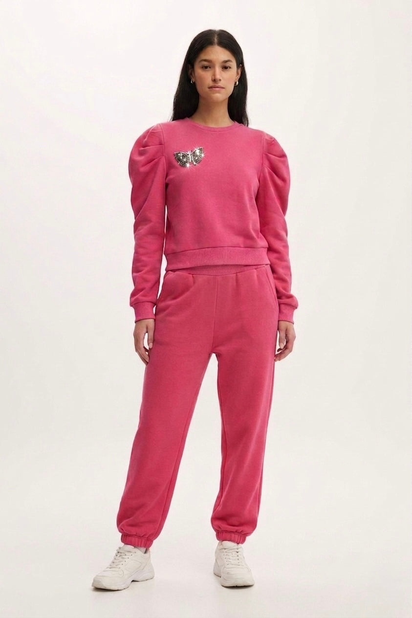 Conjunto Rosa Moletom Borboleta Bordada Rosa Dahlia