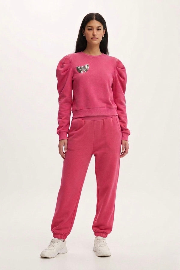 Conjunto Rosa Moletom Borboleta Bordada Rosa Dahlia