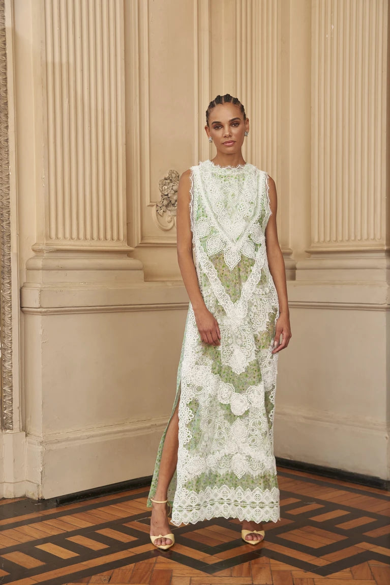 Vestido Longo Renda Floral Verde - Nammos