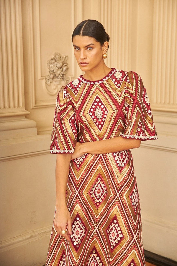 Vestido Vinho Midi Bordado - Nammos