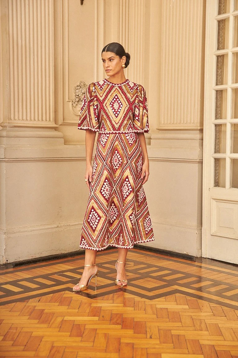 Vestido Vinho Midi Bordado - Nammos
