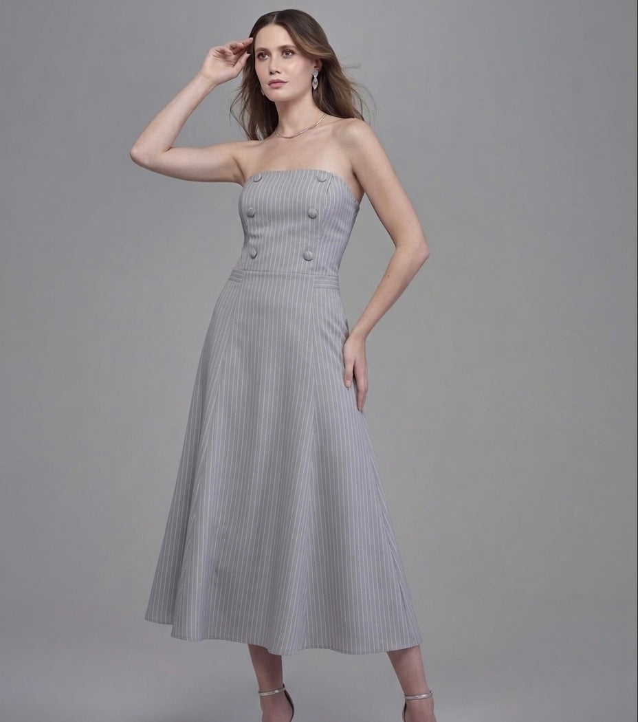 Vestido Cinza Risca de Giz Fleche D'or