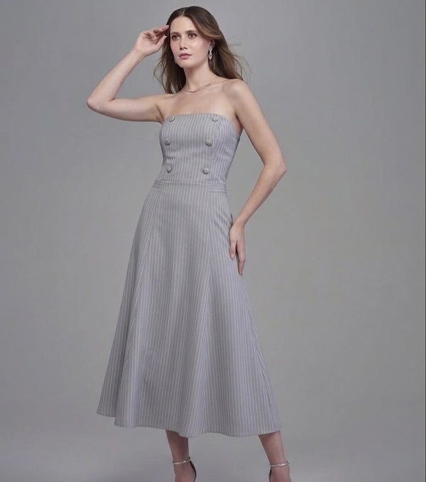 Vestido Cinza Risca de Giz Fleche D'or