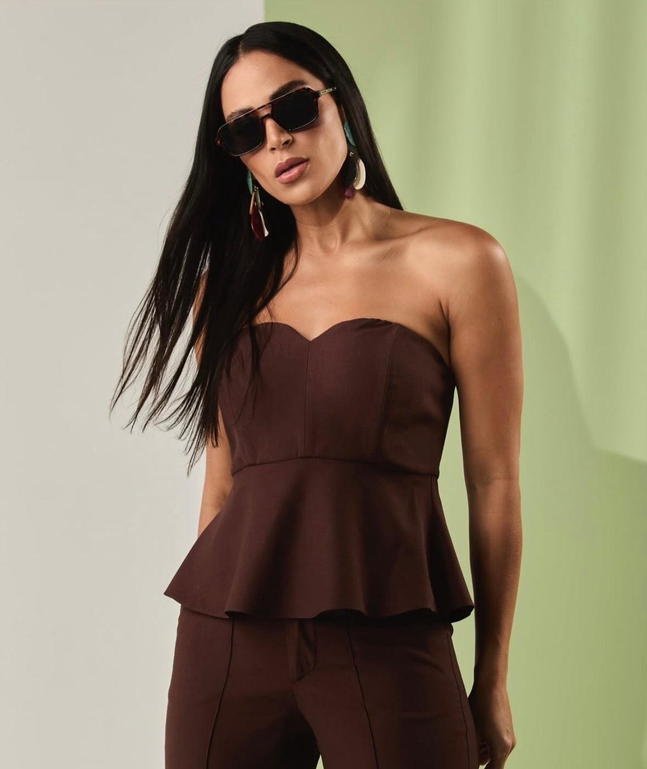 Cropped Vermelho e Marrom com Peplum Alfaiataria - Débora Carvalho
