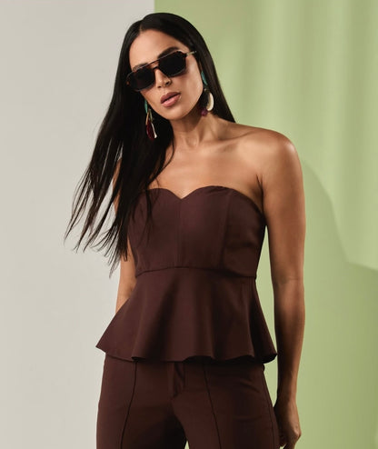 Cropped Vermelho e Marrom com Peplum Alfaiataria - Débora Carvalho