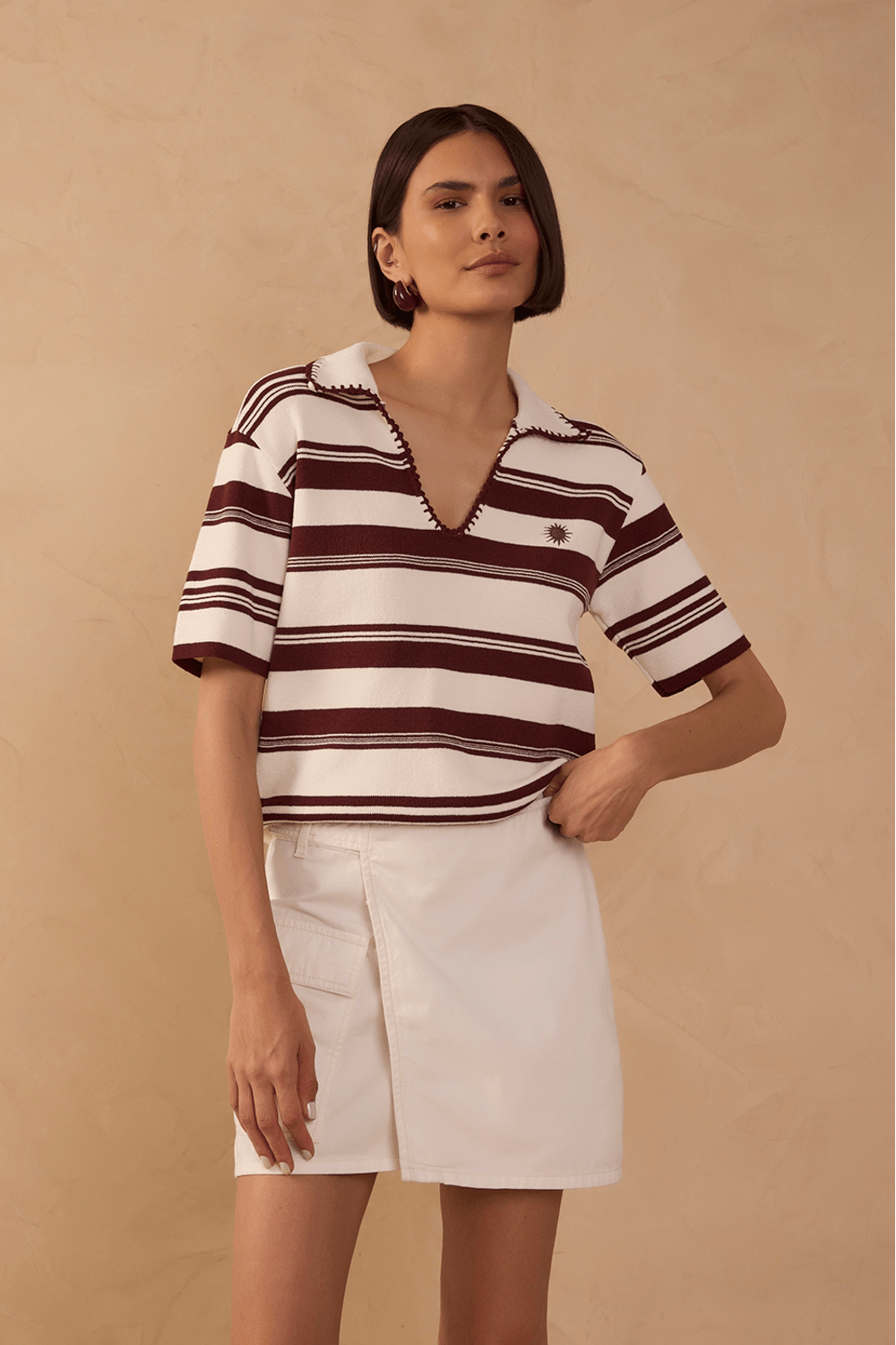 Blusa Marrom e Off White em Tricot Dress To
