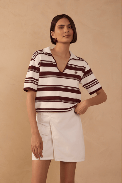 Blusa Marrom e Off White em Tricot Dress To