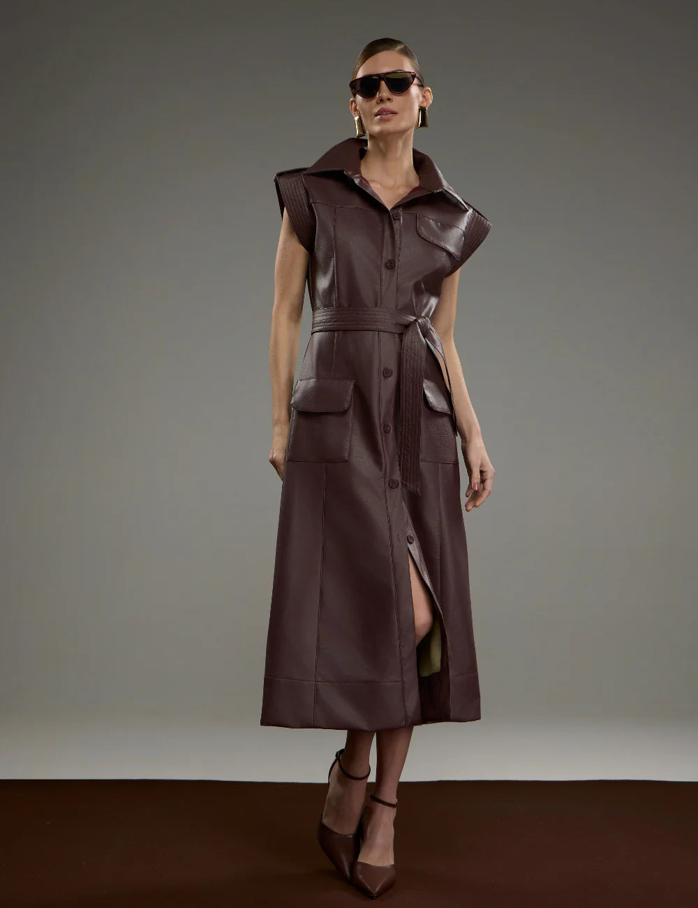 Vestido Preto ou Marrom em PU Strass