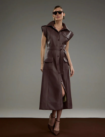 Vestido Preto ou Marrom em PU Strass