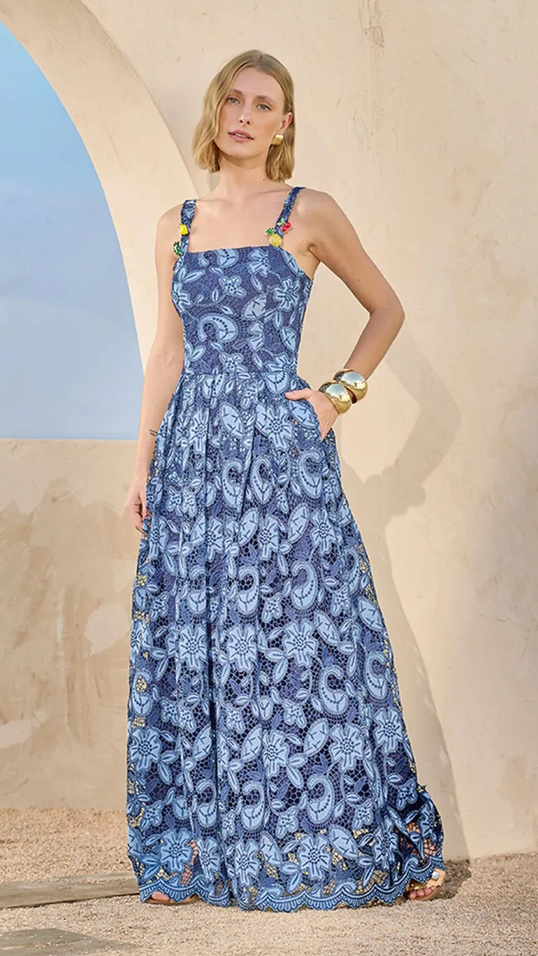 Vestido Azul Renda Longo Fleche D'or