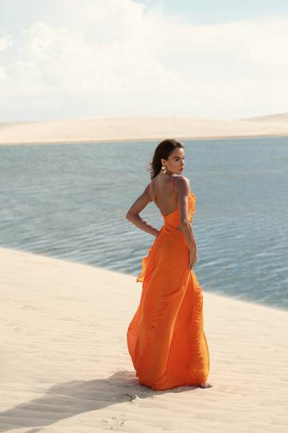 Vestido Longo Preto, Laranja ou Amarelo em Musseline Amicci