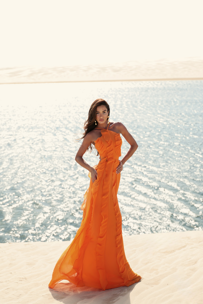 Vestido Longo Preto, Laranja ou Amarelo em Musseline Amicci