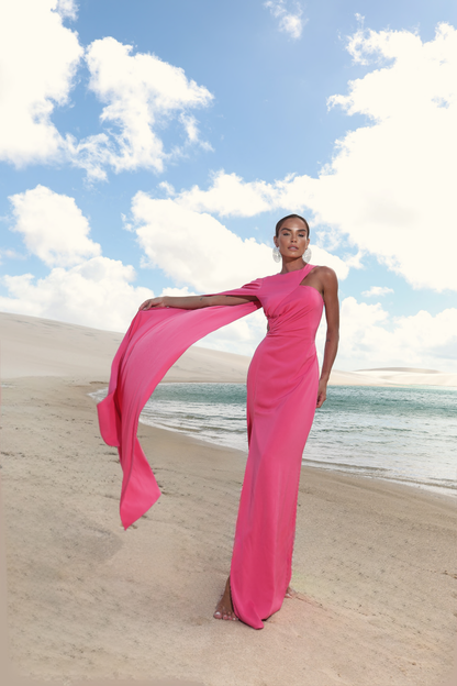 Vestido Longo Azul Marinho, Caqui ou Pink em Crepe Acetinado Amicci
