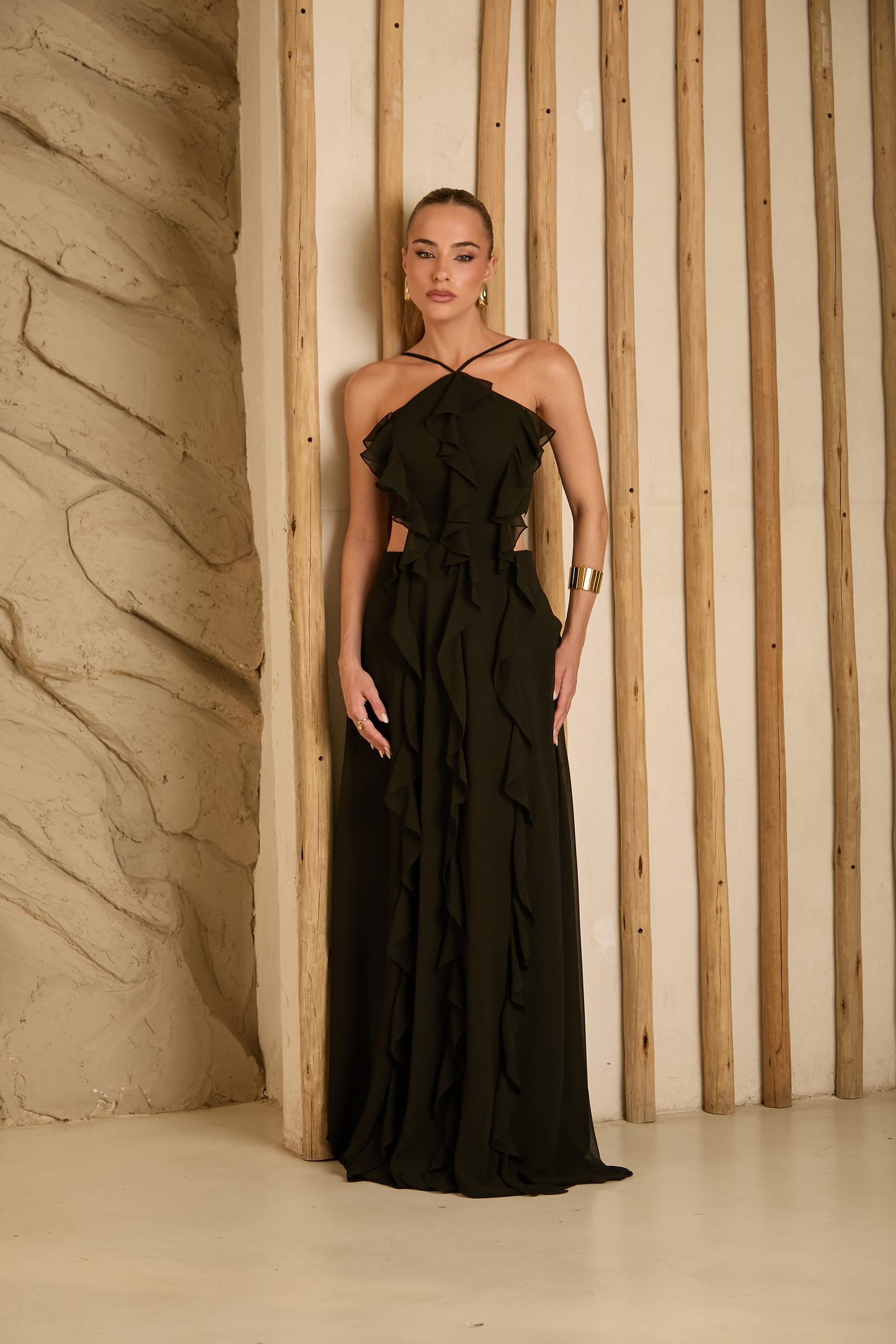 Vestido Longo Preto, Laranja ou Amarelo em Musseline Amicci