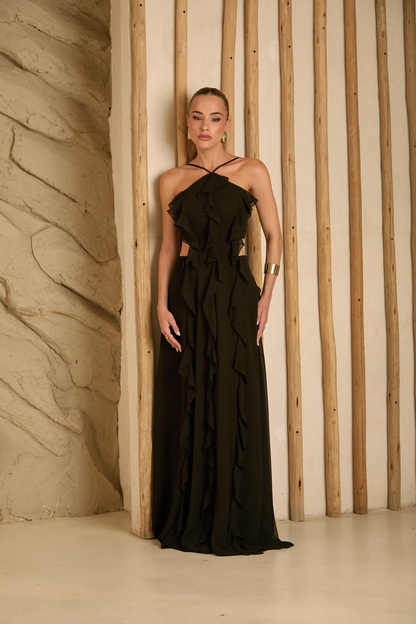 Vestido Longo Preto, Laranja ou Amarelo em Musseline Amicci