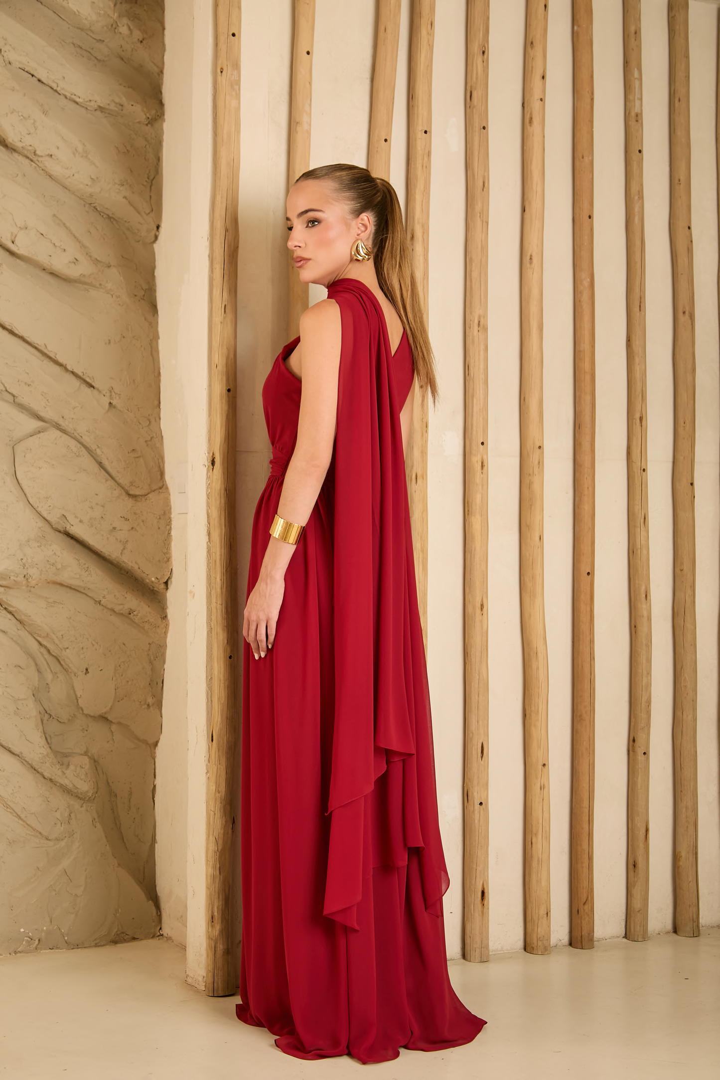 Vestido Longo Azul, Vinho ou Amarelo em Musseline Amicci
