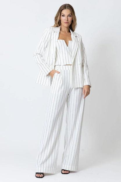 Blazer Branco Risca de Giz Manga Longa