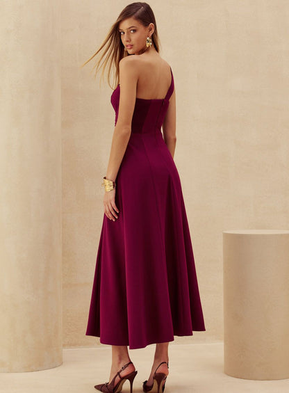 Vestido Vinho Midi Ombro Só Skazi
