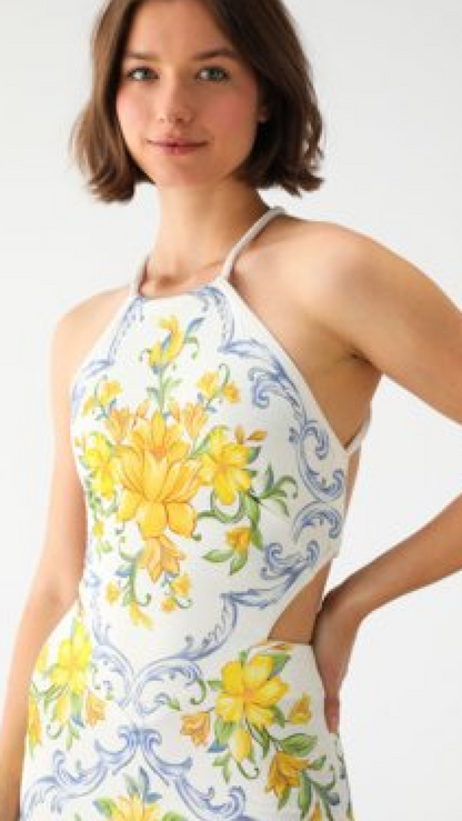 Vestido Off Floral Recortes Farm