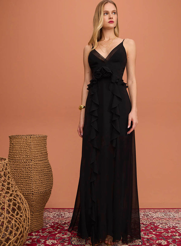 Vestido Preto Babados Flores Skazi