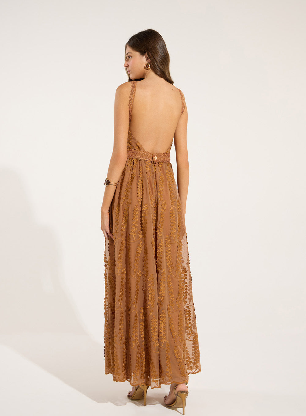 Vestido Marrom Renda Longo Skazi