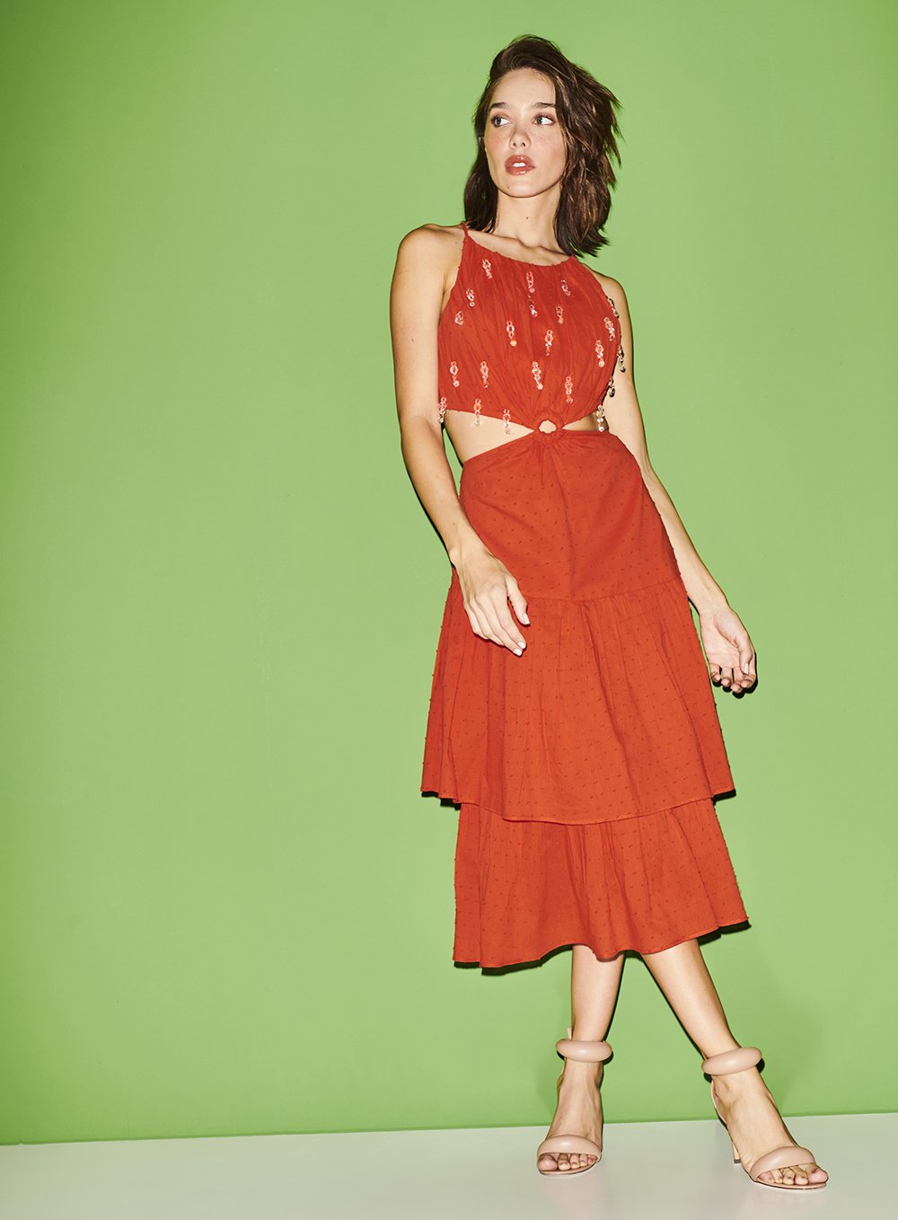 Vestido Poa Frente Bordado Laranja Skazi -SALE