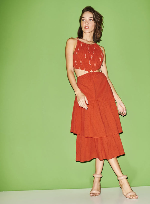 Vestido Poa Frente Bordado Laranja Skazi -SALE