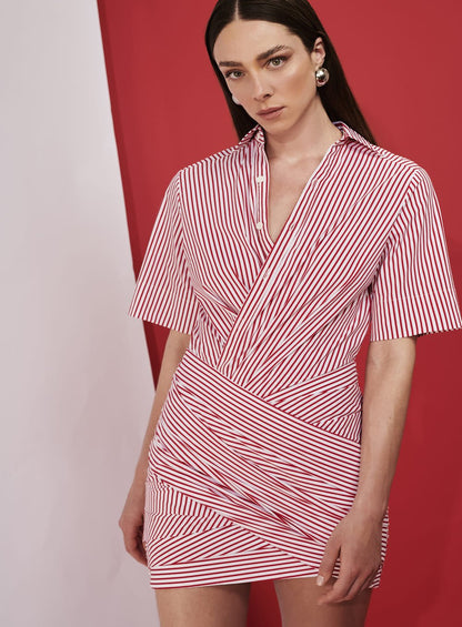 Vestido Listra Drapeada Listras Vermelh Listrado Tufi Duek -SALE