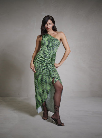 Vestido Midi Saia Drapeada Ondas Geometric Estampado Tufi Duek -SALE