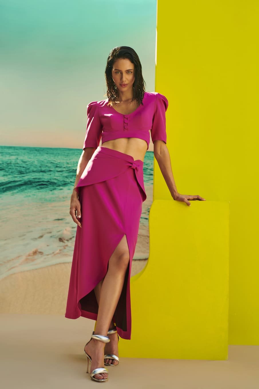 Conjunto Top e Saia Fenda Rosa Escuro Skazi -SALE