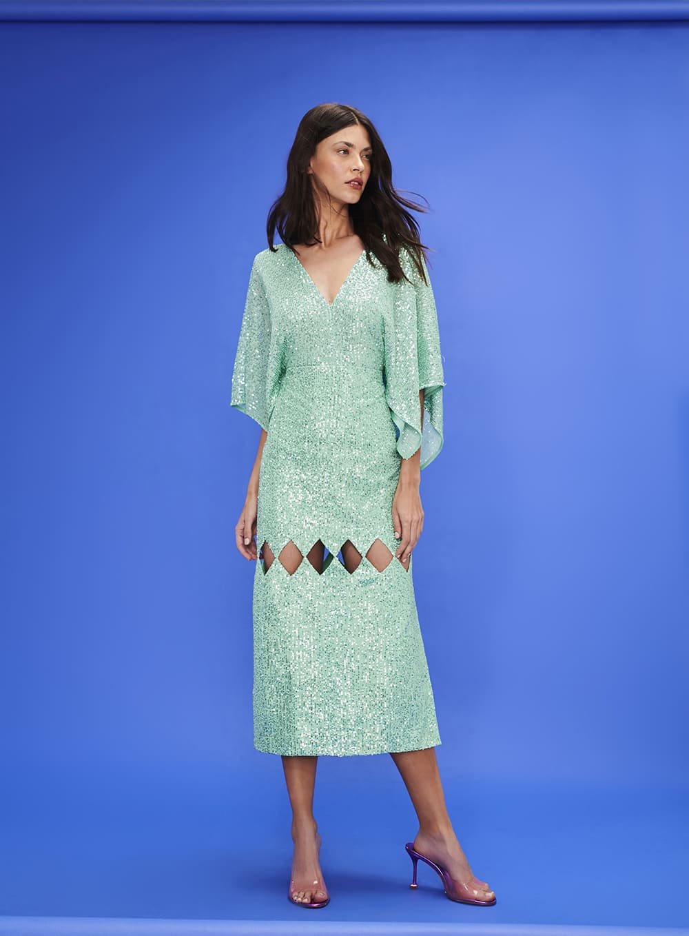 Vestido Midi Paete Vazados Verde Água Tufi Duek -SALE