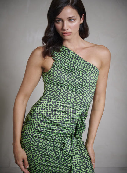 Vestido Midi Saia Drapeada Ondas Geometric Estampado Tufi Duek -SALE