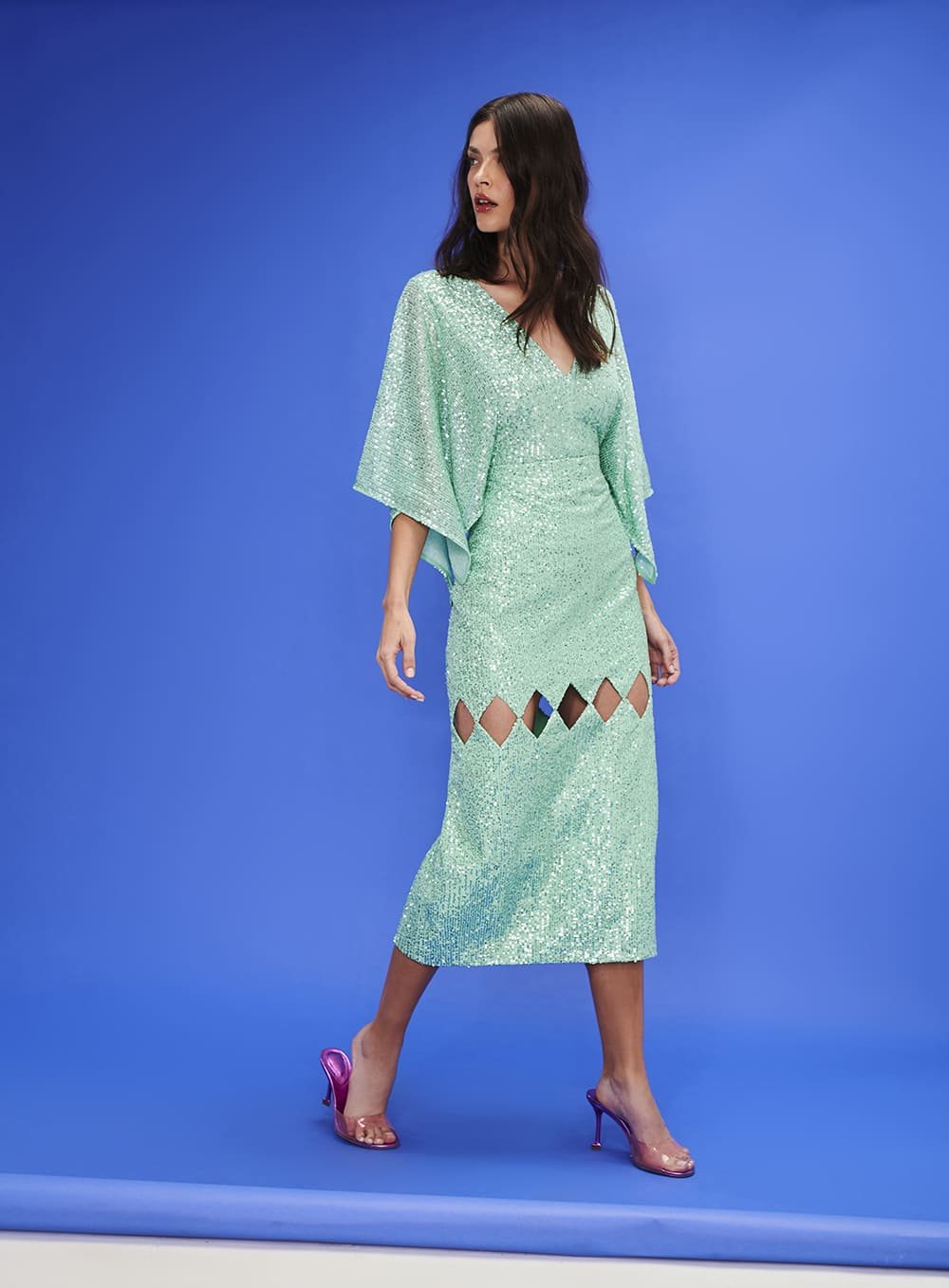 Vestido Midi Paete Vazados Verde Água Tufi Duek -SALE