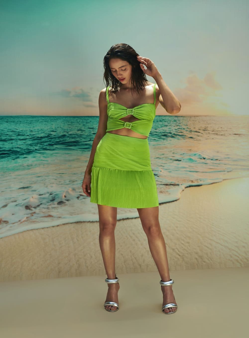 Vestido Plissado Vazado Verde Claro Skazi -SALE