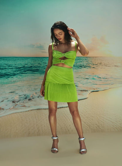 Vestido Plissado Vazado Verde Claro Skazi -SALE