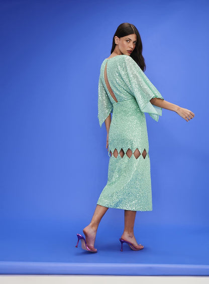 Vestido Midi Paete Vazados Verde Água Tufi Duek -SALE