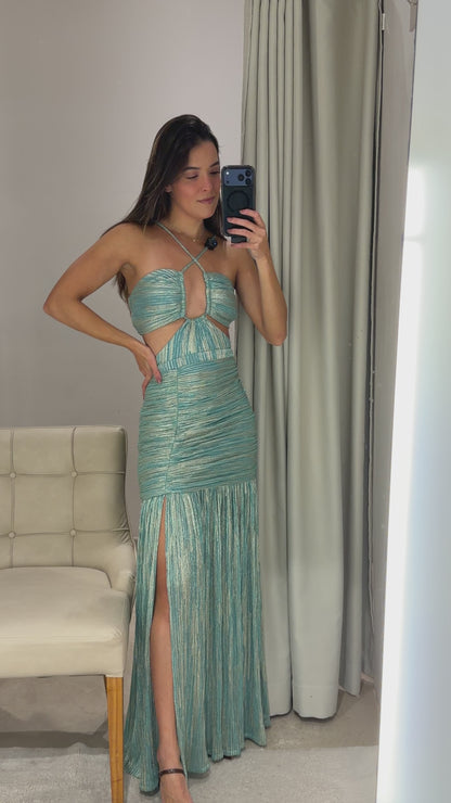 Vestido Azul com Brilho Recortes Skazi