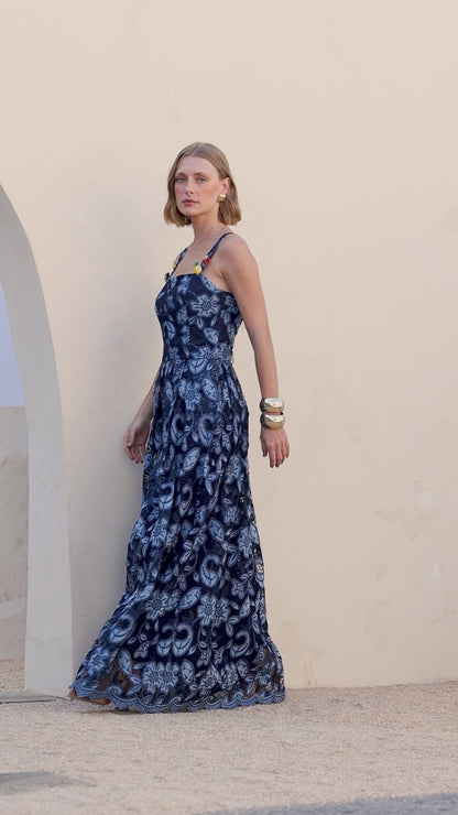 Vestido Azul Renda Longo Fleche D'or