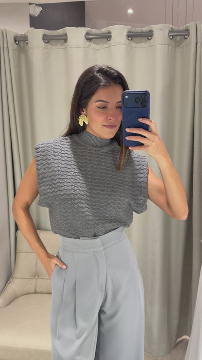 Blusa Verde E Cinza Gola Alta Tricot Skazi