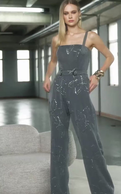 Macacão Cinza com Bordado de Micro Paetês – Isa Paes