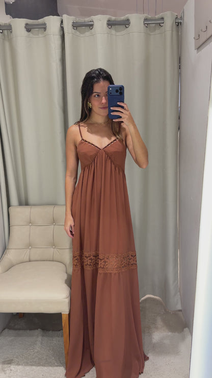 Vestido Marrom Longo Renda Skazi