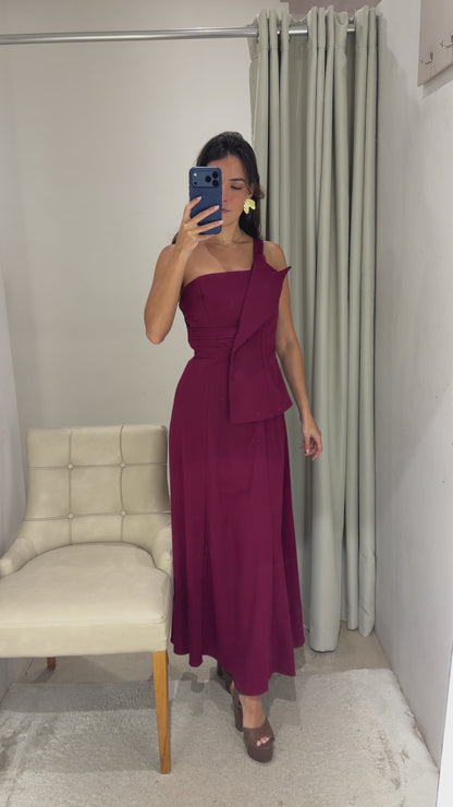 Vestido Vinho Midi Ombro Só Skazi